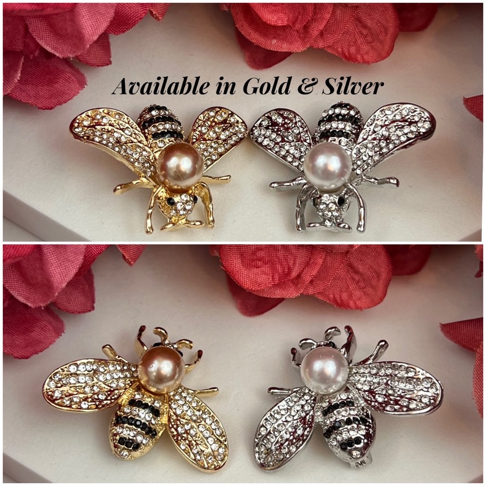 Silver Crystal Bumblebee Pearl Brooch Lapel Pin - Picture 15 of 16